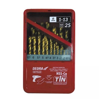 Zestaw 25szt wierteł do metalu HSS+kobalt+TiN, 135°