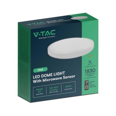 Plafon V-TAC 18W LED Okrągły 29cm Natynkowy Pilot Czujnik Ruchu IP44 Biały VT-8618S 3000K 1830lm