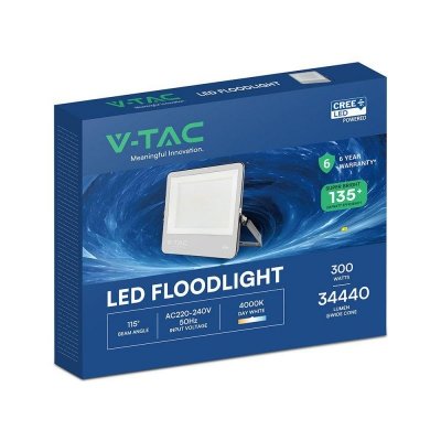Naświetlacz LED V-TAC CREE CHIP 300W 135lm/W czarna obudowa przewód 1m IP65 VT-44003 6500K 34440lm 6 lat gwarancji