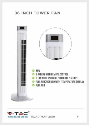 Wentylator wieżowy V-TAC z wyświetlaczem temperatury i pilotem 55W 95cm biały VT-5536