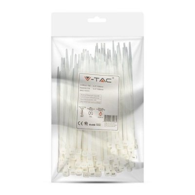 Opaski Zaciskowe V-TAC 4.5x150mm Biała 22kg Nylon66 (Opak. 100szt)