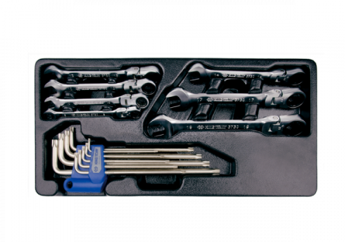 ZESTAW NARZĘDZI 16cz. KLUCZE PŁASKO-OCZKOWE PRZEGUBOWE Z GRZECHOTKĄ 8 - 19mm + TORXY T10 - T50, WKŁAD DO WÓZKA King Tony