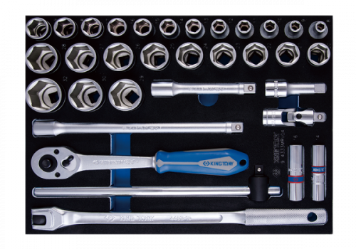 ZESTAW NASADEK 1/2&quot; 33cz. KRÓTKIE 6-kąt. 8 - 32mm Z AKCESORIAMI, WKŁAD Z PIANKI EVA DO WÓZKA King Tony