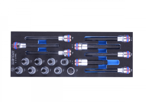 ZESTAW NASADEK 1/2&quot;, KRÓTKIE TORX T20 - T60, DŁUGIE SPLINE M8 - M14, WKŁAD Z PIANKI EVA DO WÓZKA, 17 cz. King Tony