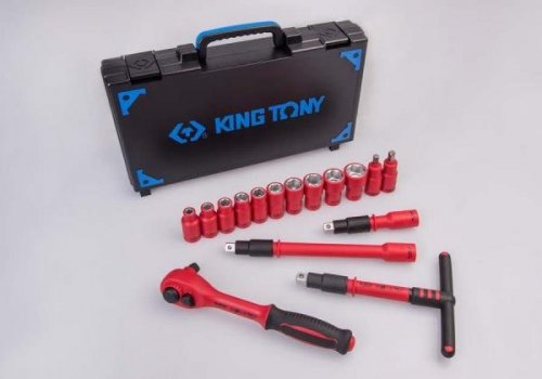 ZESTAW NASADEK IZOLOWANYCH 1/2&quot; 16cz. KRÓTKIE, 6-kąt. 8 - 24mm, Z AKCESORIAMI, CHROM, KASETA Z TWORZYWA King Tony