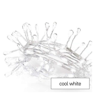 Dekoracje - 100LED small nano łezki, jeżyk, 2,4m 3xAA zimna biel, sreb przew, IP20, timer