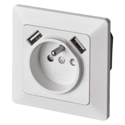 Gniazdo FRENCH z USB 2,1A max. IP20 błyszczące białe