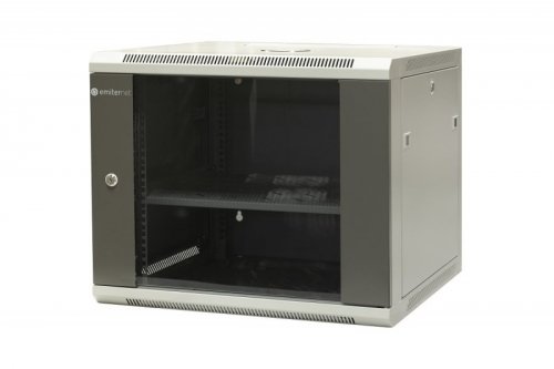 Szafa wisząca niedzielona 19&#039;&#039; 9U, drzwi blacha/szkło, 600×600×500mm szer./gł./wys. (w zestawie: półka stała oraz komp