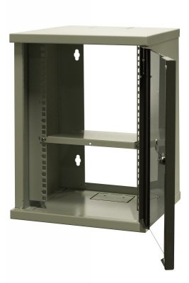 Szafa wisząca niedzielona 10&#039;&#039; 9U, drzwi blacha/szkło, 325×330x445mm (szer./gł./wys.) (w zestawie: półka stała oraz ko