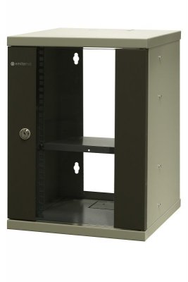 Szafa wisząca niedzielona 10&#039;&#039; 9U, drzwi blacha/szkło, 325×330x445mm (szer./gł./wys.) (w zestawie: półka stała oraz ko