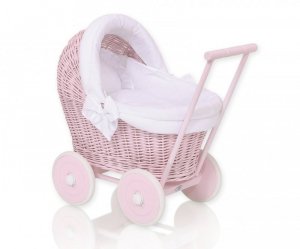 Wiklinowy wózek dla lalek pchacz różowy z białą pościelką i miękką wyściółką