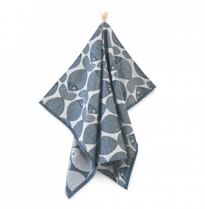 Ścierka kuchenna z bawełny egipskiej 50x70 wz. Ryby Ławica 9239/1 granatowy