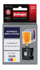 System uzupełnień Activejet ARS-650Col (zamiennik HP703, HP704, HP650, HP651, HP652 ; 6 x 4 ml; czerwony, niebieski, żółty)