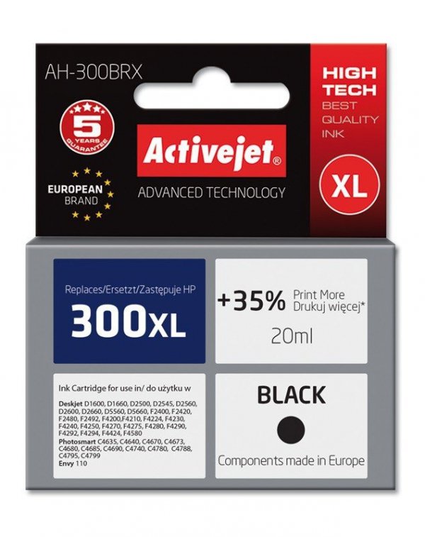 Activejet Tusz AH-300BRX (zamiennik HP 300XL CC641EE; Premium; 20 ml; czarny)