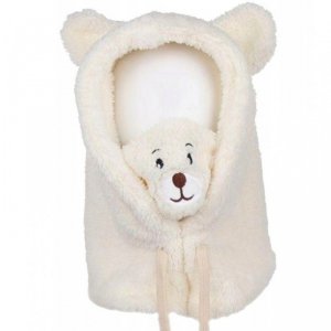 Czapka zimowa pluszowa z uszami misia + komin, 2 w 1 - kremowa CZ34WZ2