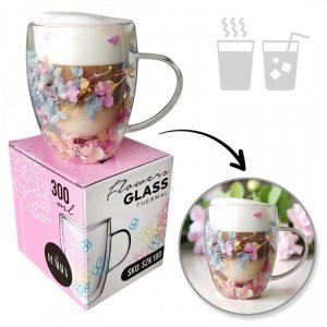 Szklanka termiczna z kwiatami w środku, gipsówka hortensje róż 300 ml 1szt SZK180