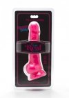 Różowe zakrzywione dildo z jądrami na przyssawce 19 cm