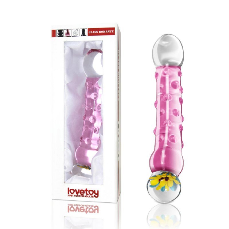 Szklane dildo z wypustkami zakrzywione różowe 17 cm