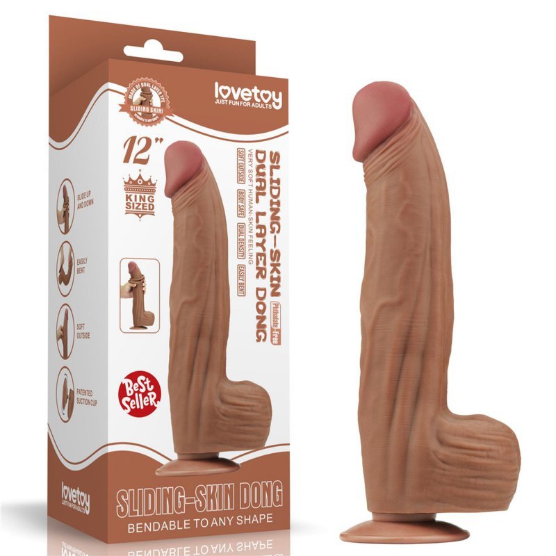 Dildo King size z ruchomą skórą Dual Layer Dong Brown 30cm