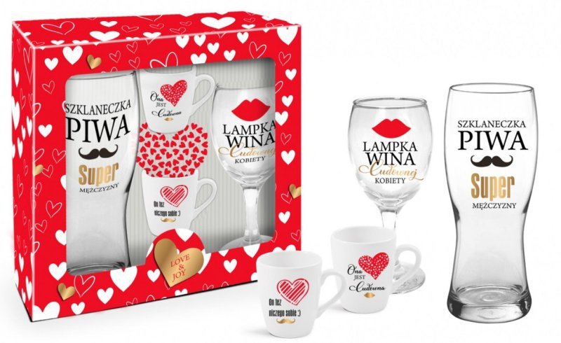 Walentynki 2023 - zestaw szklanka do piwa 500ml.,kieliszek do wina 220ml.,2 mini baryłki 100ml. - Serca