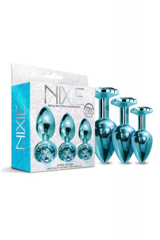Nixie metal butt plug trainer set, blue metallic