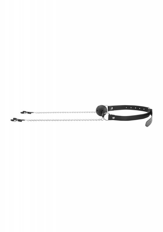 Knebel oddychający do ust z klipsami na sutki breathable ball gag