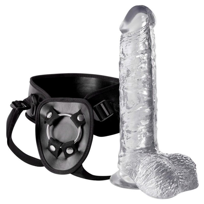 Strapon uprząż przeźroczyste dildo z jądrami na pasku żylasty penis