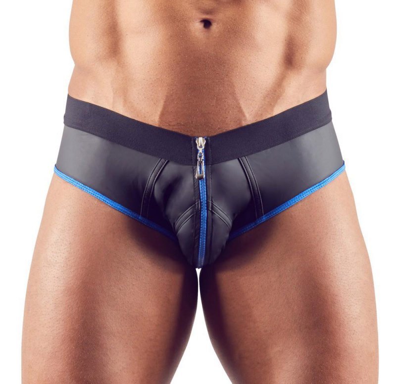 Błyszczące neoprenowe jockstrapy z zamkiem rozpinane niebieskie przeszycie Men´s Jock L