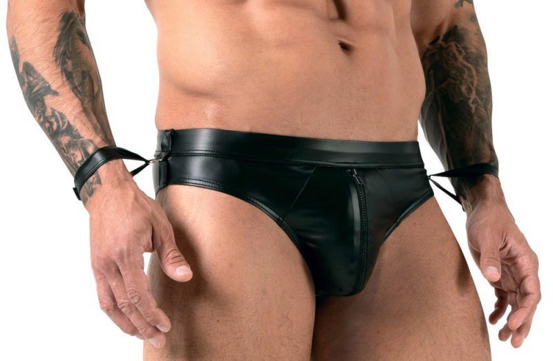 Jockstrapy męskie z kajdankami BDSM czarne paski L