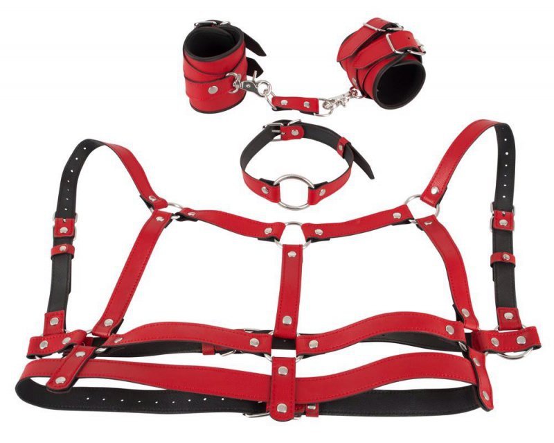 Harness + kajdanki + knebel Bad Kitty Harness Set czerwony