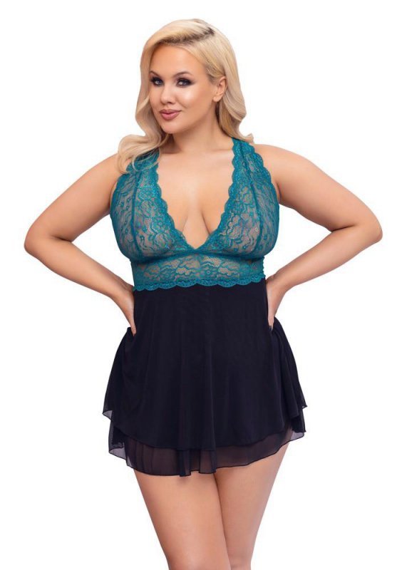 Błękitno - czarna koszulka babydoll Cottelli XL