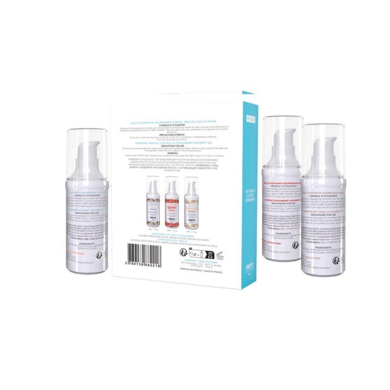 Rozgrzewający olejek do masażu erotycznego Let's Travel! 3 x 30ml