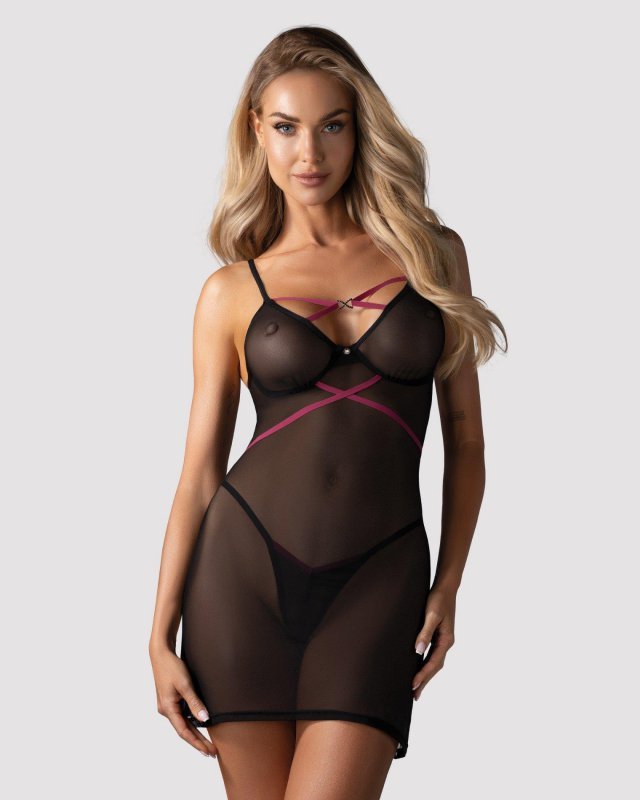 Czarna smukła prześwitująca koszulka erotyczna Obsessive Novenes + stringi XL/2XL