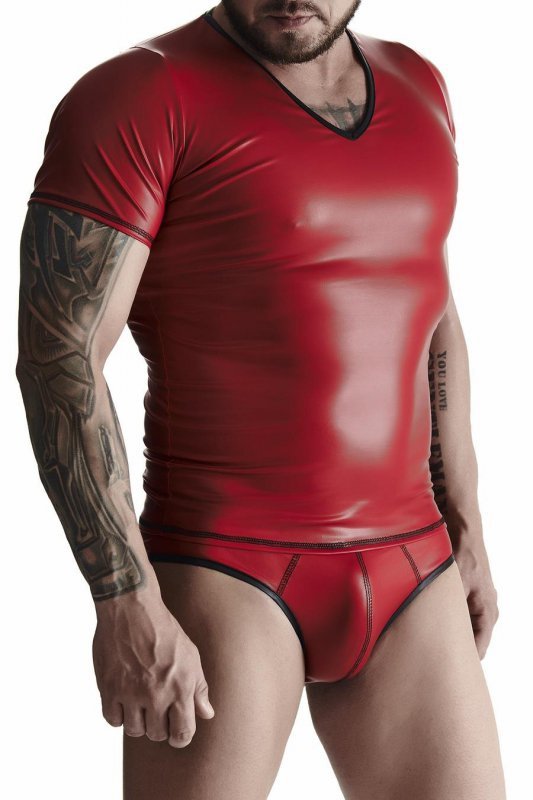 Męski  komplet z wetlooka: t-shirt w serek, figi typu brazyliany XL