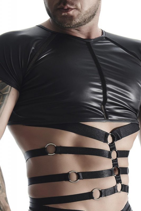 Męski t-shirt z wetlooka z dekoracyjnymi wstawkami z taśmy i gumy S