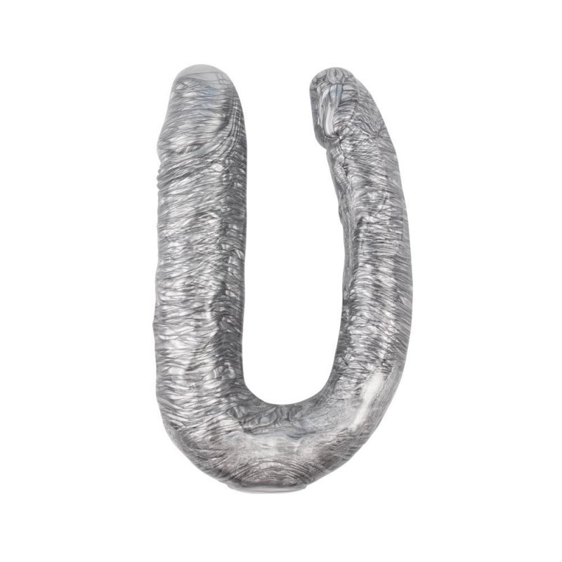 Podwójne realistyczne dildo analno waginalne srebrne 17 cm 
