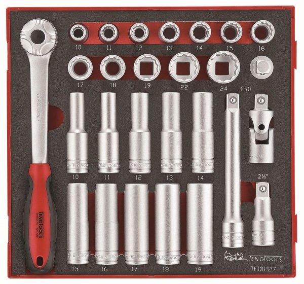 27-elementowy zestaw narzędzi nasadkowych z chwytem kwadratowym 1/2&quot; Teng Tools TED1227