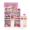 Duży różowy domek dla lalek z tarasem i zjeżdżalnią + 18 drewnianych mebelków do zabawy  ECOTOYS
