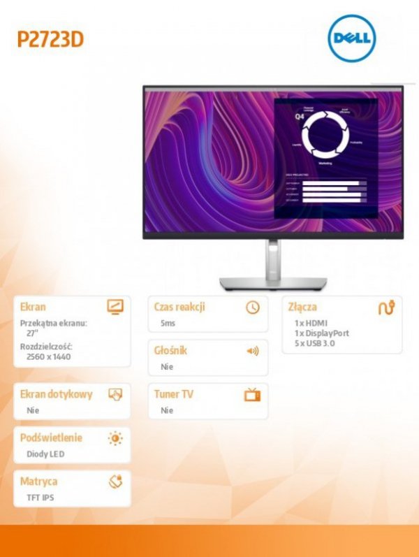 Monitor P2723D 27 cali IPS LED QHD (2560x1440)/16:9/HDMI/DP/5xUSB 3.2/3Y AES