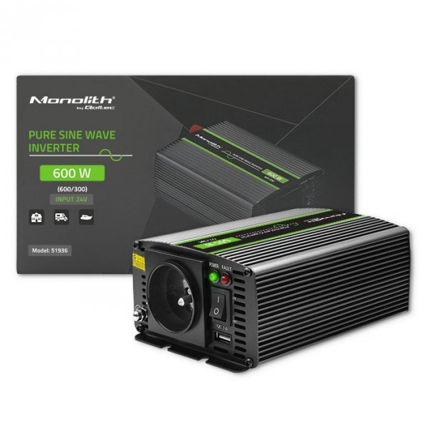 Przetwornica napięcia Monolith | 300W | 600W | 24V na 230V |     Czysty Sinus