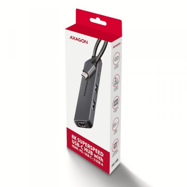 HMC-5H8K Wieloportowy hub USB 5in1, 5Gbps, 2x USB-A, 1x USB-C, HDMI 8K/30Hz, PD 100W, 15cm USB-C kabel
