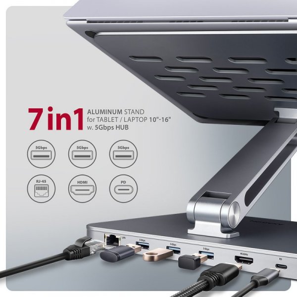 HMC-STND Stojak z wieloportowy hub Aluminiowy 7in1, 5Gbps, do 10&quot;-16&quot; cali laptopów, nastawny, 3x USB-A, HDMI 4K/60Hz,