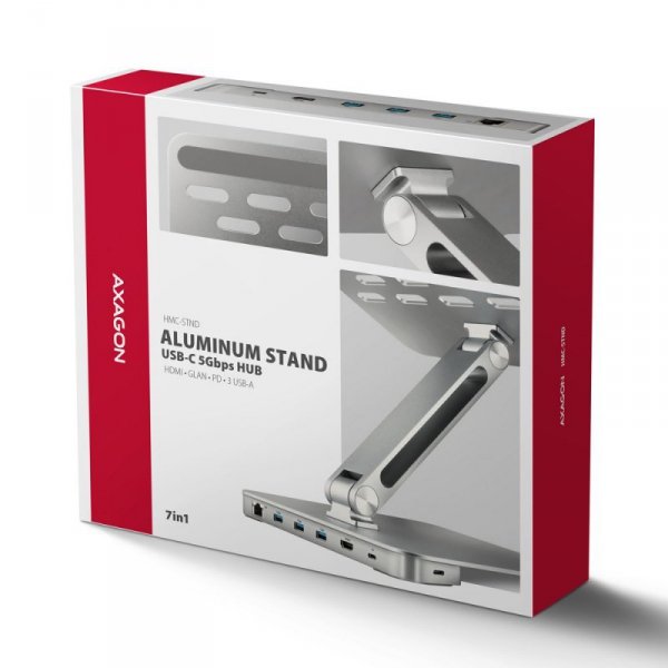 HMC-STND Stojak z wieloportowy hub Aluminiowy 7in1, 5Gbps, do 10&quot;-16&quot; cali laptopów, nastawny, 3x USB-A, HDMI 4K/60Hz,