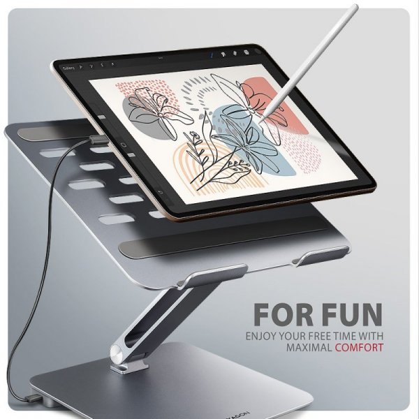 HMC-STND Stojak z wieloportowy hub Aluminiowy 7in1, 5Gbps, do 10&quot;-16&quot; cali laptopów, nastawny, 3x USB-A, HDMI 4K/60Hz,