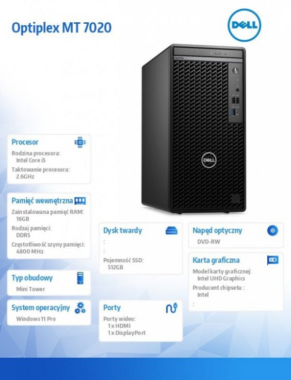 Komputer Optiplex Plus Tower 7020/Core i5-14500/16GB/512GB SSD/Integrated/DVD RW/No Wifi/Kb/Mouse/W11Pro