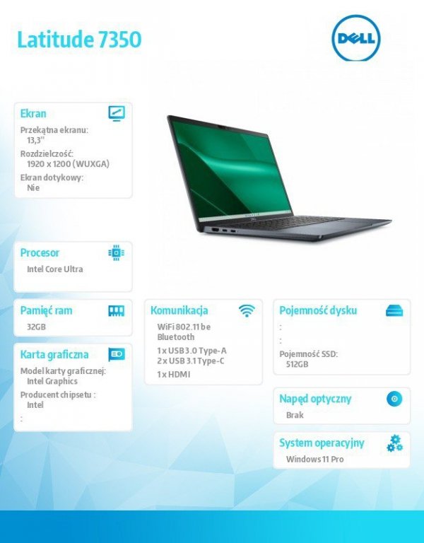 Notebook Latitude 7350 Win11Pro Ultra 7 165U/32GB/512GB SSD Gen4/13.3&#039; FHD+/Int/FgrPr/IR Cam/Mic/WLAN+BT/Backlit Kb/3C/vPro