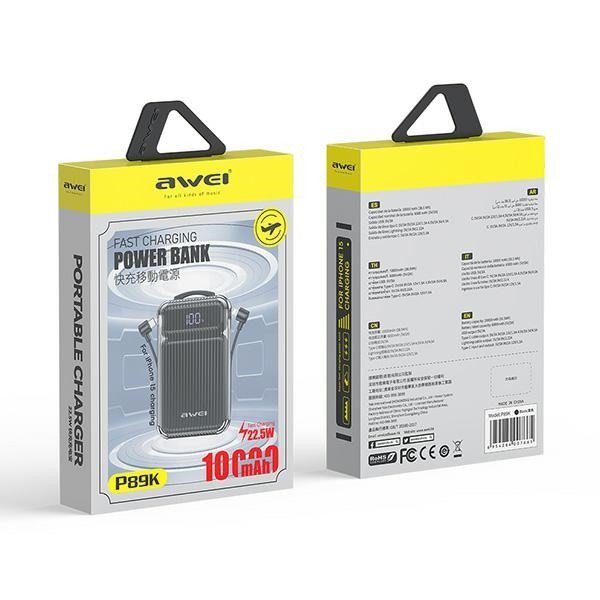 Powerbank 10000mAh 22,5W P89K wbudowane kable USB-C , Lightning  wyjścia 1xUSB+ USB-C