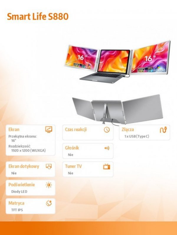 Przenośne monitory do laptopa Smart Life S880 16 &#039;&#039; 2 monitory,IPS,1920x1200