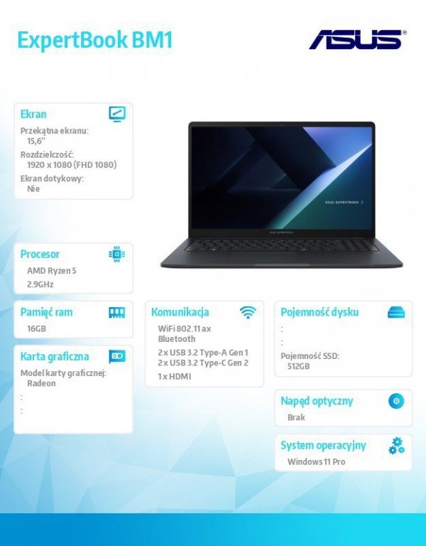 Notebook ExpertBook BM1 BMBM1503CDA-S70065X- R5 7535U/16GB/512GB/15.6 FHD/Win 11 PRO/3YRS