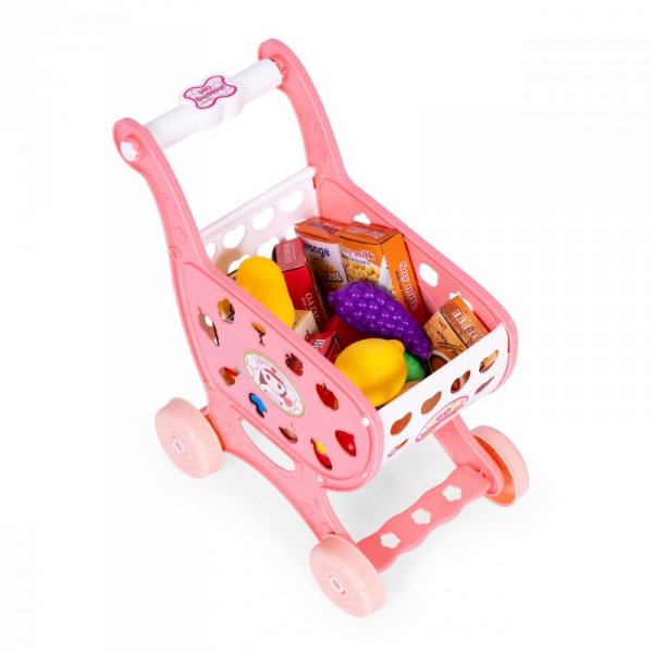 Wózek na zakupy sklepowy do supermarketu kuchni 18 akcesoriów różowy